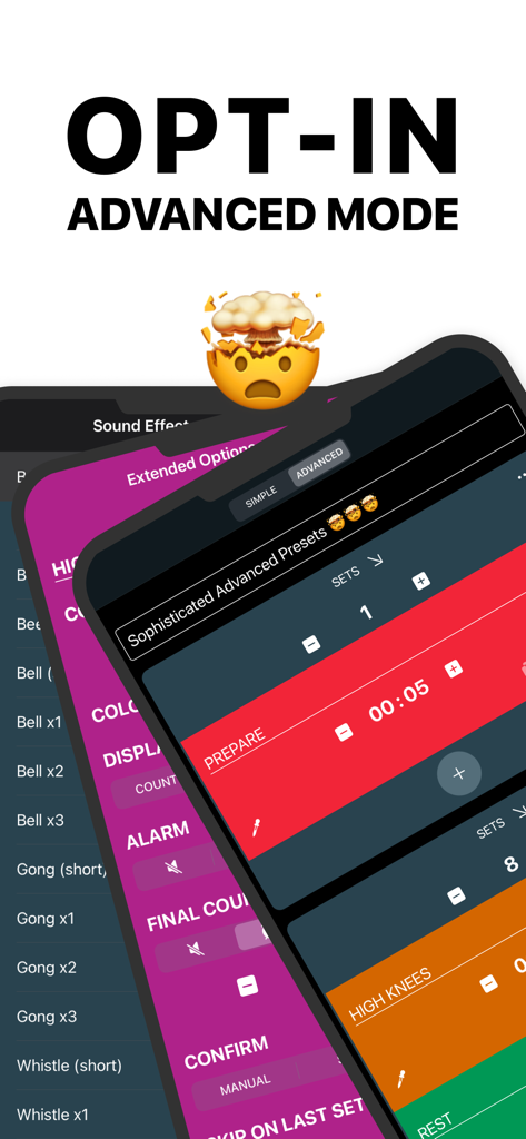 Advanced workout timer settings with color-coded intervals and customizable presets in Interval Timer Plus