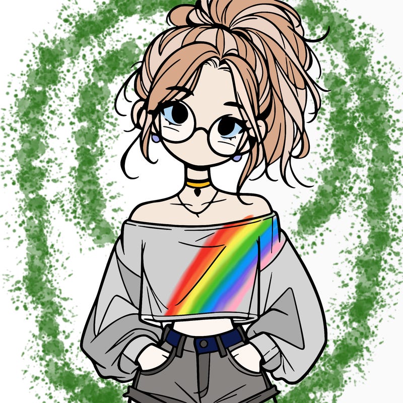 girl with a messy ponytail glasses a baggy crop top and jean shorts