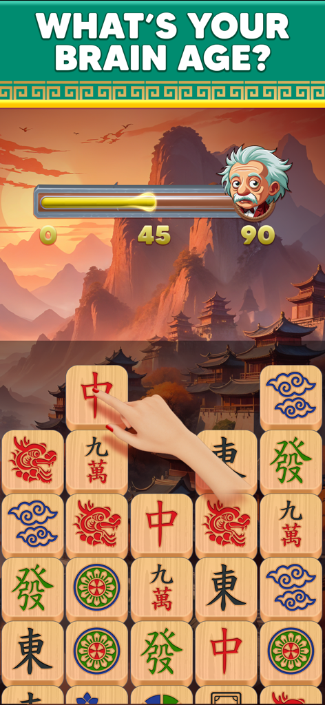 Pantalla del juego Mahjong Infinity con fichas grandes y un desafío de qué edad tiene tu cerebro