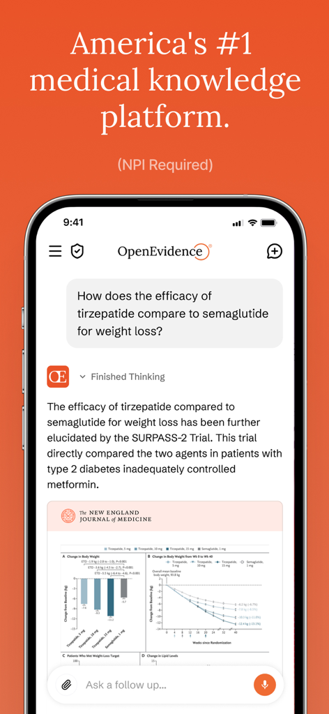 OpenEvidence - OpenEvidence app interface displaying a medical research query and evidence from the New England Journal of Medicine.