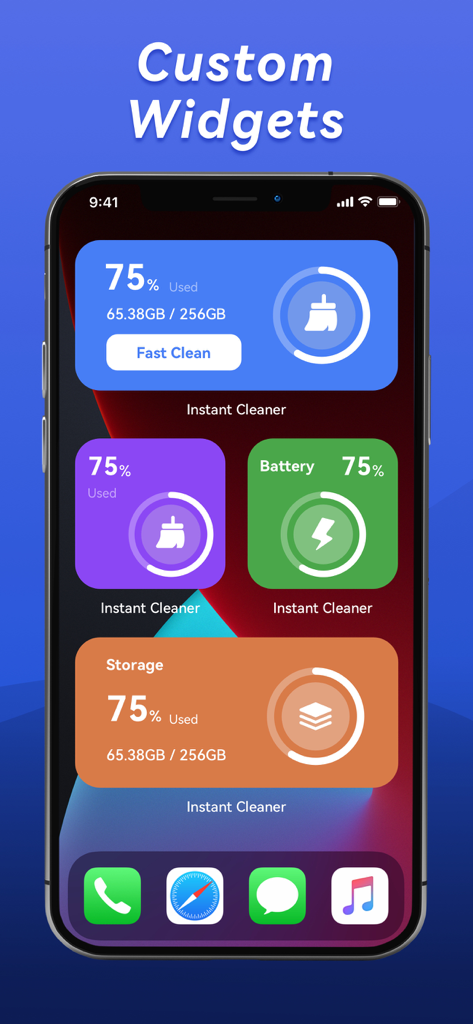 Instant Cleaner -Clean Storage - Instant Cleaner app custom widgets showing storage and battery status on an iPhone