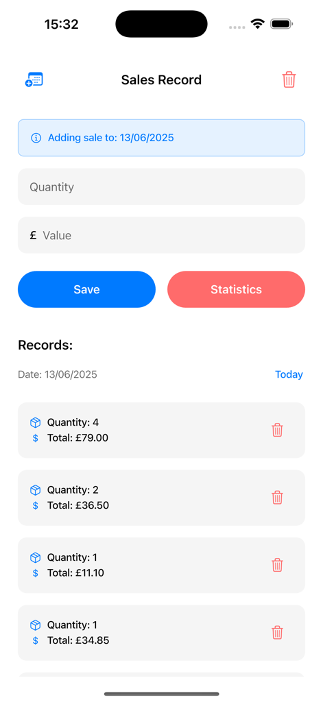 Sales Record app screen for adding new sales and viewing daily transaction history
