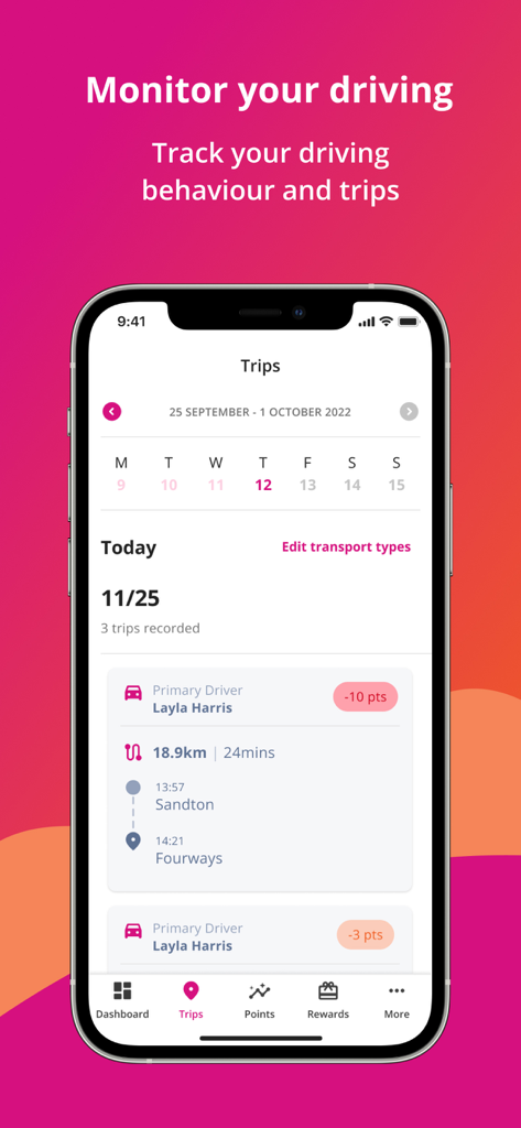 Aplicação Vitality Drive a mostrar o comportamento de condução e o histórico de viagens.