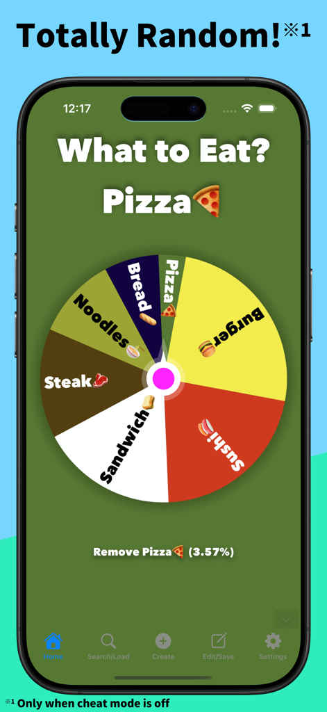 Unfair Wheel mobile app showing a spinning wheel for food choices with pizza selected