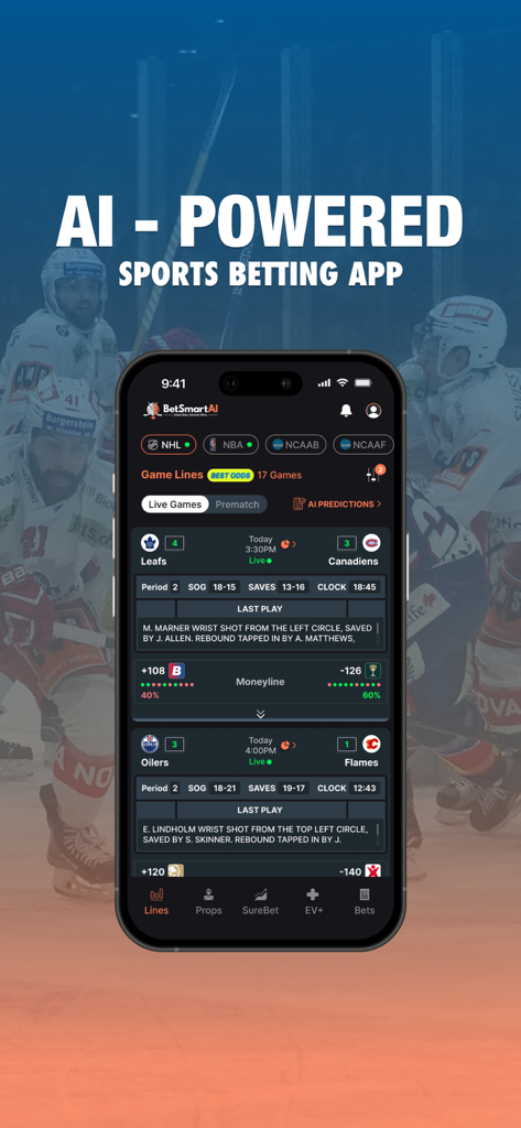AI Sports Betting : BetSmartAI - Interfaz de la aplicación móvil BetSmartAI que muestra líneas de apuestas deportivas en vivo y predicciones de IA