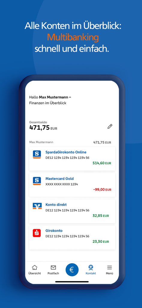 SpardaBanking App - Smartphone screen showing the SpardaBanking app multibanking feature with an overview of multiple accounts