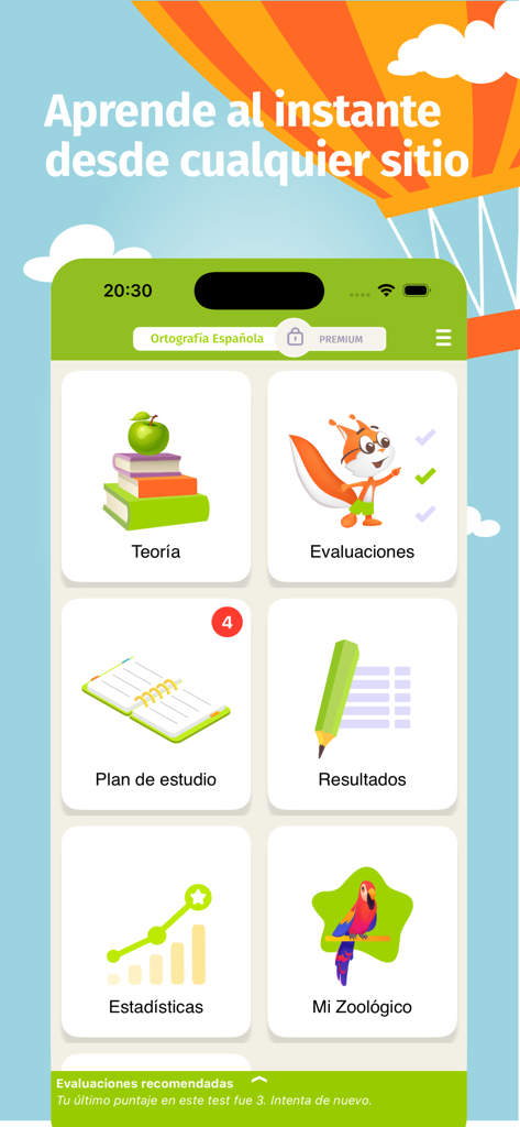 Ortografía Española - Menú principal de la aplicación Ortografía Española que muestra secciones de teoría, evaluaciones, plan de estudio y estadísticas.