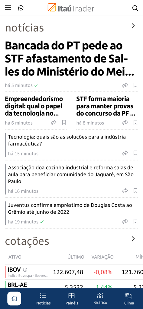 Itaú Trader - Itau Trader app interface showing financial news and real time market data