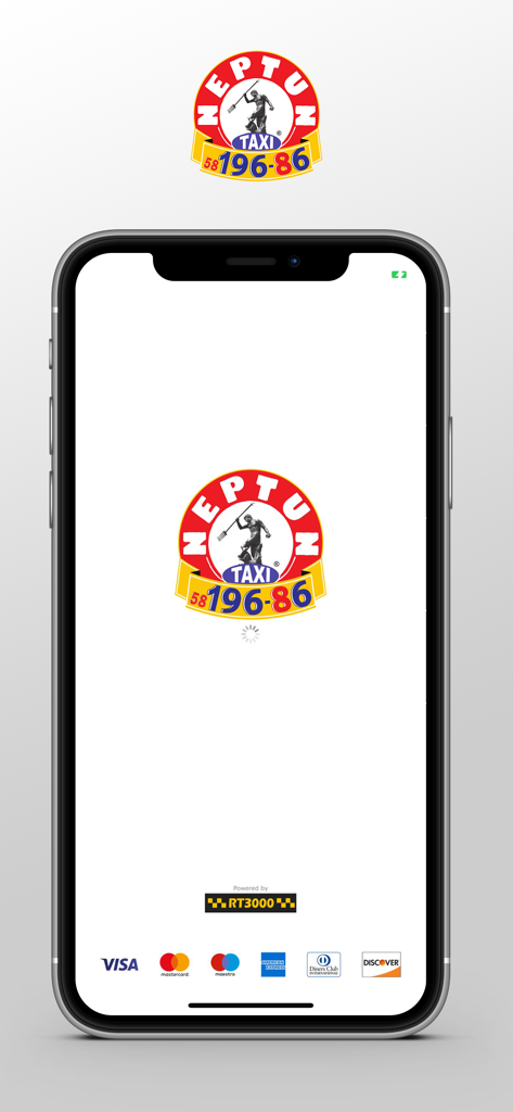 Neptun Taxi Gdańsk 19686 - Ecrã de abertura da aplicação Neptun Taxi Gdansk mostrando o logótipo da empresa e os métodos de pagamento suportados, como Visa e Mastercard