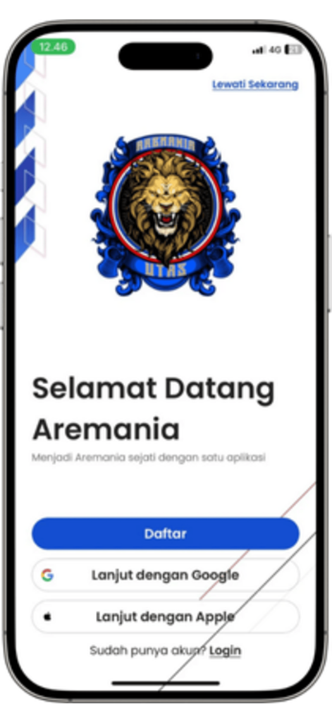 Aremania Utas - Welcome screen of the Aremania Utas app featuring a lion logo and registration options.