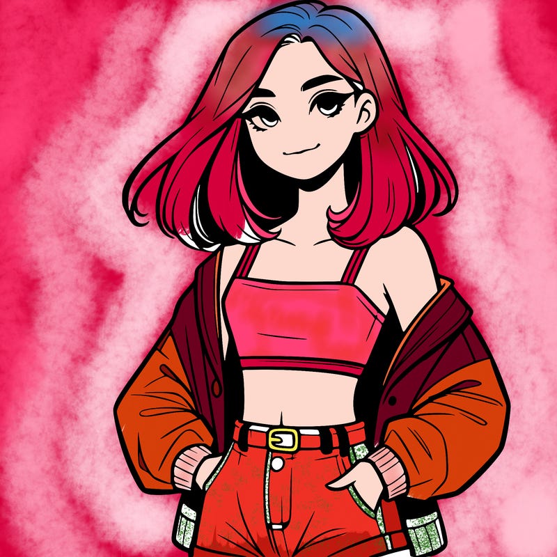 a realistic girl with a crop top and short shorts in an open jacket