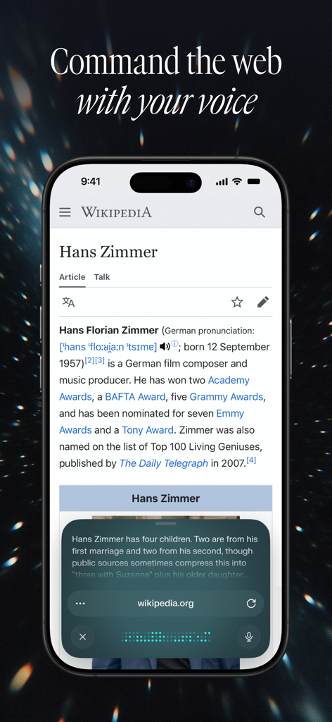 Comet - AI Personal Assistant - Smartphone screen showing Comet AI assistant using voice command on a Wikipedia page
