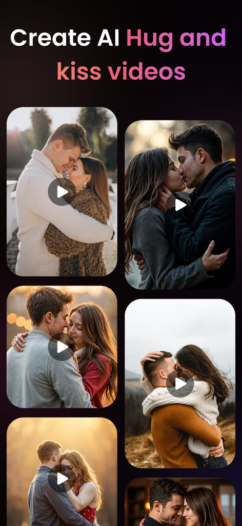 AI Kiss Video Maker - AI Hug - Interface of the AI Kiss Video Maker app showing a collection of AI-generated videos featuring couples hugging and kissing.