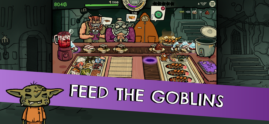 Goblin Sushi - A gameplay screenshot of Goblin Sushi showing various quirky goblin characters waiting at a sushi bar with a text overlay that says Feed the Goblins.