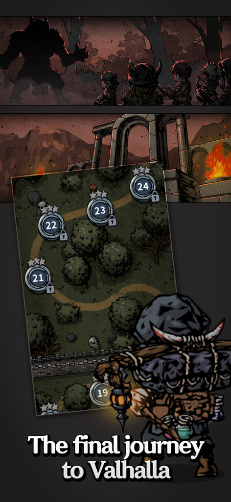 Slay the Titan : Deckbuild RPG - Un mapa de progresión y arte de personaje para Slay the Titan Deckbuild RPG con el viaje final a Valhalla