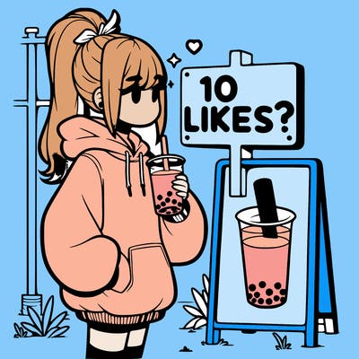 girl with oversized hoodie drinking boba and she has a high ponytail with a sign that says 10likes?