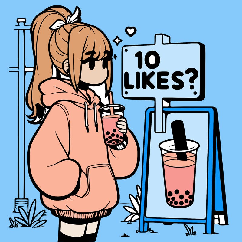 girl with oversized hoodie drinking boba and she has a high ponytail with a sign that says 10likes?
