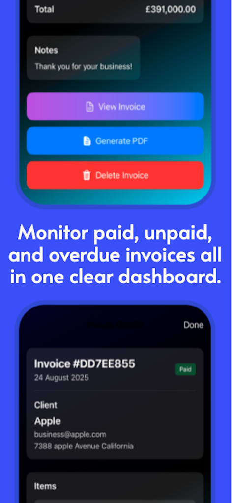Daily Invoice Generator mobile interface showing invoice details and payment tracking dashboard