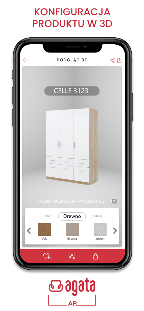 Agata - Wirtualna Aranżacja AR - Agata AR家具アプリで木材のテクスチャ設定オプションが表示された3Dワードローブプレビューを表示するスマートフォン画面。