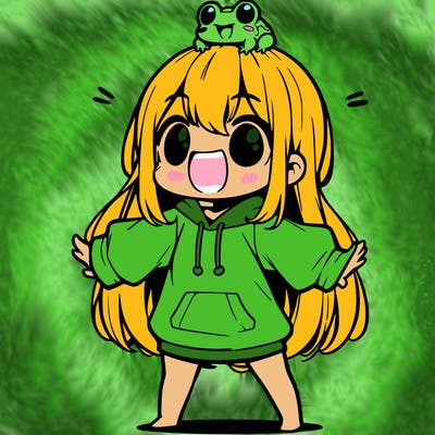a excited chibi girl whith long hair and a baggy shirt whith a frog on there head