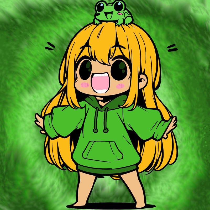 a excited chibi girl whith long hair and a baggy shirt whith a frog on there head