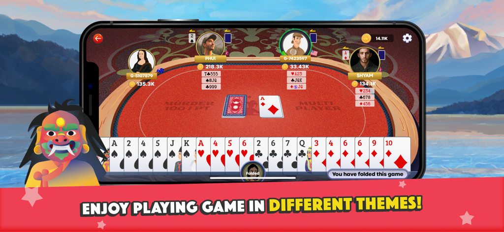 A screenshot of the Marriage Card Game interface showing a 4-player multiplayer match with a Nepali mountain landscape theme.