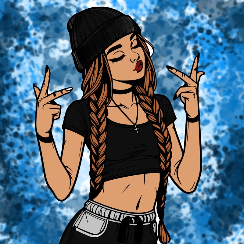 realistic teenage girl with braids and a beanie and crop top doing 🫶🏼