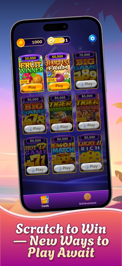 Scratch QuestPro - Scratch QuestPro mobile app interface showing multiple digital scratch-off card themes and player levels.