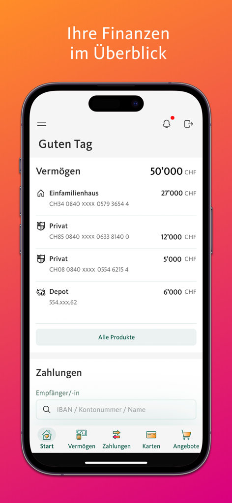 Migros Bank E-Banking - Interfaz de la aplicación Migros Bank E-Banking mostrando una descripción general financiera de cuentas y activos