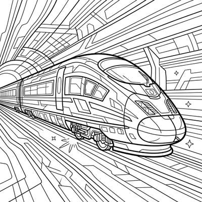 Embark on a thrilling artistic journey with our high-speed train coloring page, designed for enthusiasts of all ages. This dynamic illustration captures the essence of modern travel, featuring a sleek locomotive rushing through a futuristic landscape.