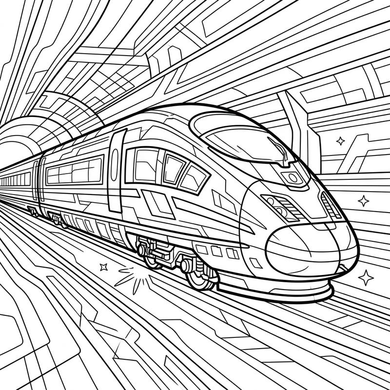 Embark on a thrilling artistic journey with our high-speed train coloring page, designed for enthusiasts of all ages. This dynamic illustration captures the essence of modern travel, featuring a sleek locomotive rushing through a futuristic landscape.
