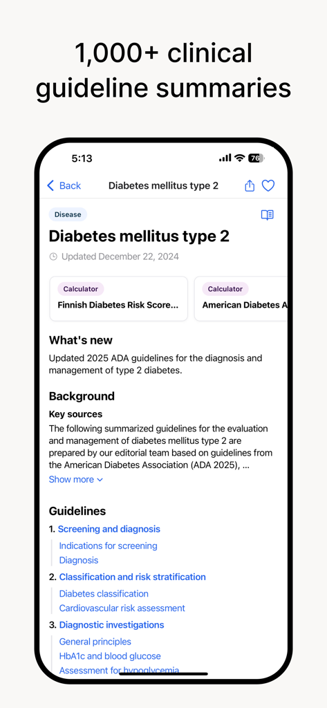 Pantalla de la aplicación Pathway que muestra directrices clínicas resumidas para la diabetes mellitus tipo 2