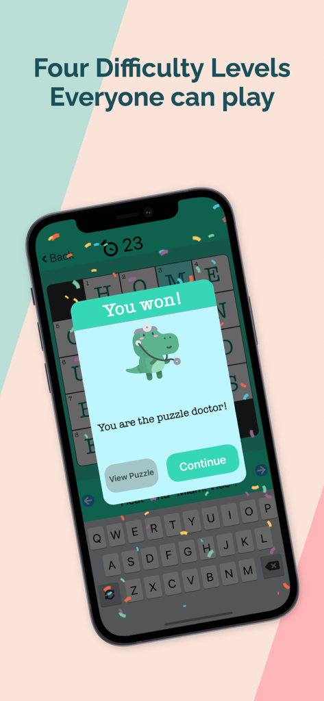 Mini Crossword Daily - Una pantalla de victoria en la aplicación móvil Mini Crucigrama Diario con un personaje de dinosaurio doctor de dibujos animados y un mensaje de celebración