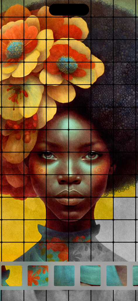 Fliese Puzzles: Tile Matching - Captura de pantalla del juego Puzles Fliese que muestra un mosaico de retrato dibujado a mano de una mujer con flores