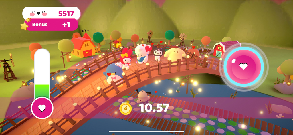 HELLO KITTY HAPPINESS PARADE - Hello Kitty and friends dancing on a bridge in a rhythm game parade