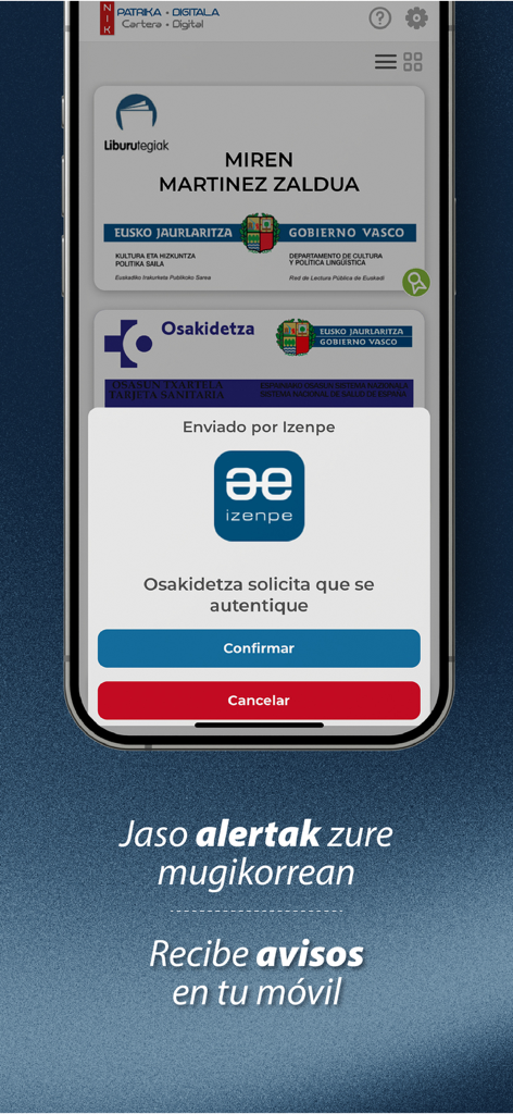 NIK Patrika Digitala - NIK Patrika Digitala App zeigt eine digitale Brieftasche mit Gesundheits- und Bibliothekskarten und ein Pop-up mit einer Authentifizierungswarnung auf einem iPhone-Bildschirm.