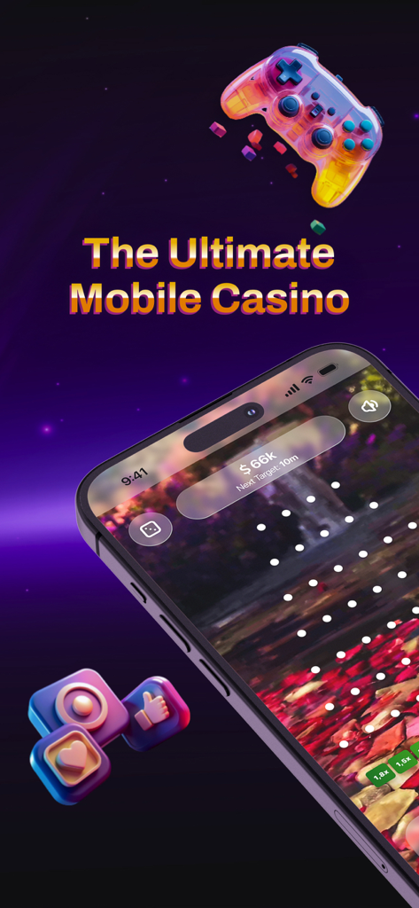 Screenshot der Real Plinko Online Mobile App mit dem Spielbrett und dem Text The Ultimate Mobile Casino