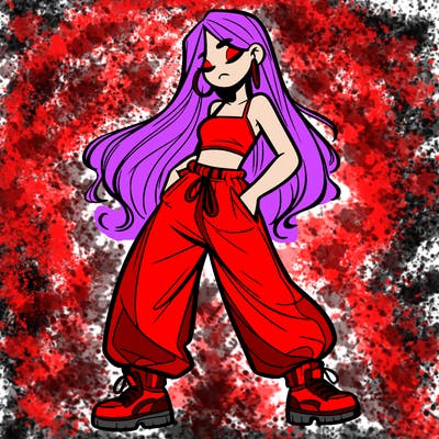 girl in baggy pants crop top and long hair