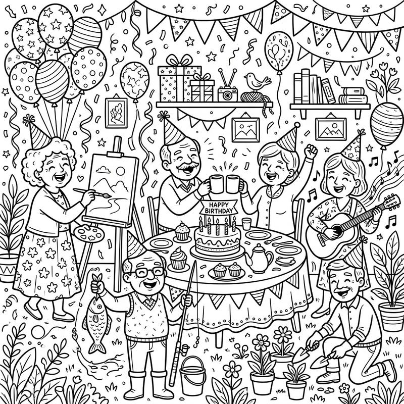 Dive into the festive spirit with this delightful coloring page featuring seniors happily celebrating a birthday party. Discover charming scenes of cherished hobbies and joyful moments, all ready for your creative touch.