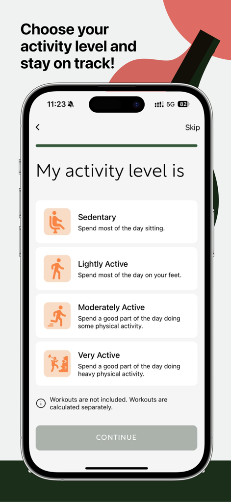 ForeverMore - healthy meals - iPhone screen of ForeverMore app showing activity level options including sedentary lightly active moderately active and very active