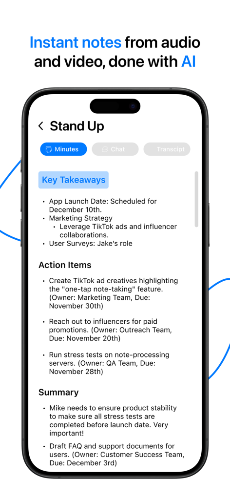 Notely - AI Note Taker - Smartphone exibindo o aplicativo Notely com resumos de reuniões gerados por IA e itens de ação.