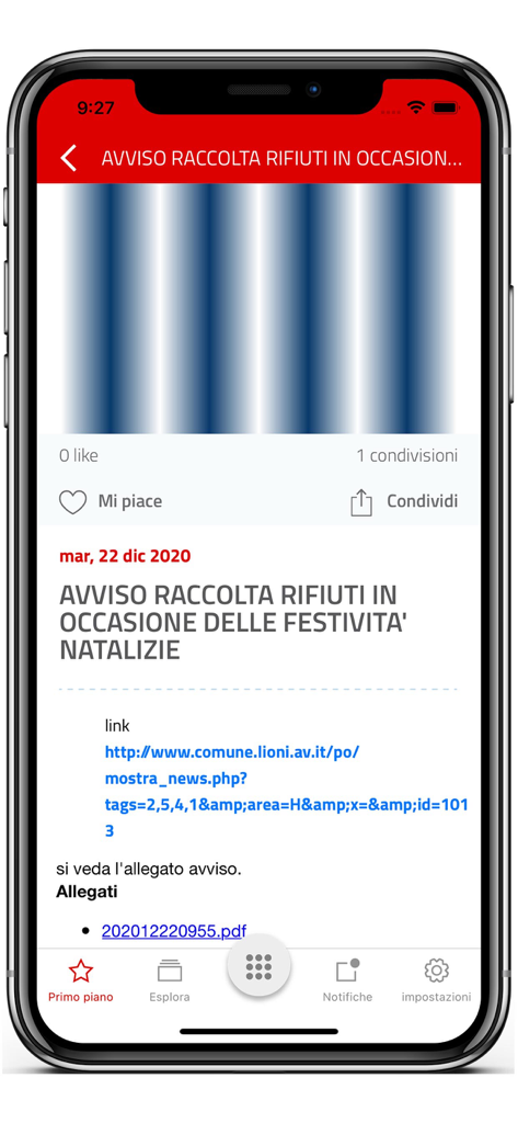 Sección de noticias de la aplicación MyLioni que muestra un anuncio municipal sobre la recogida de residuos