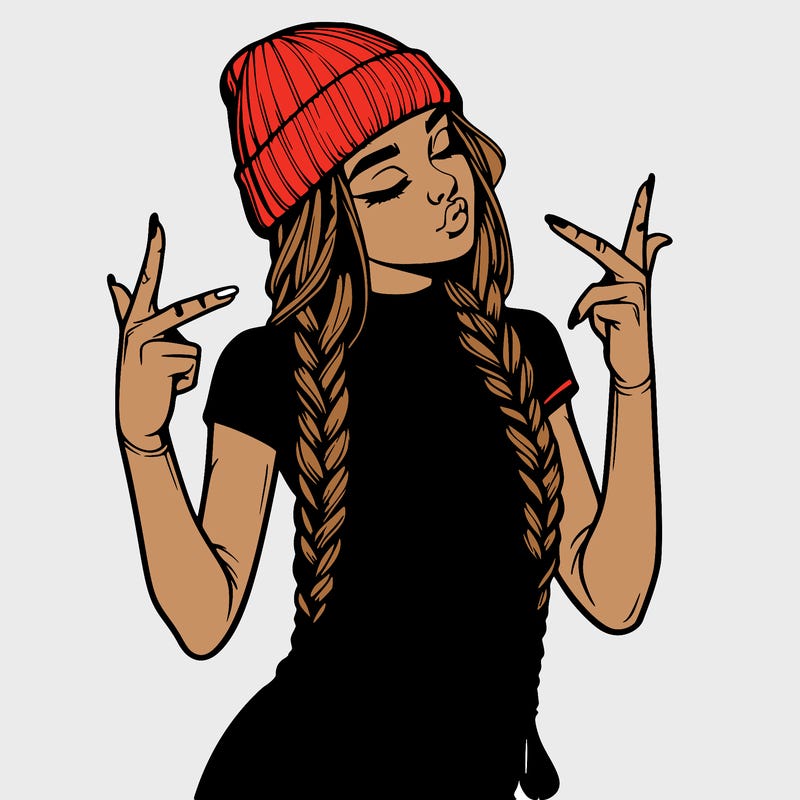 realistic teenage girl with braids and a beanie and crop top doing 🫶🏼
