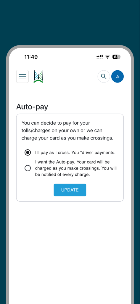 Merseyflow Quick Pay - Auto-pay settings screen in the Merseyflow Quick Pay app showing payment options