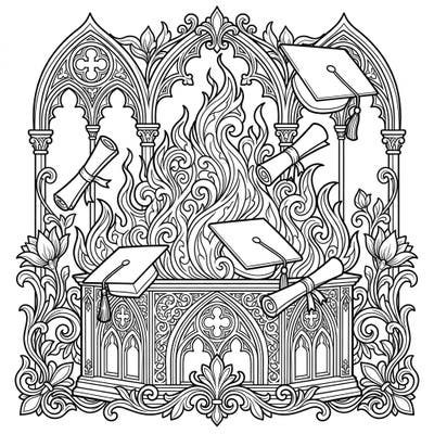 Celebrate academic milestones with a dramatic twist in this unique Gothic Graduation Pyre coloring page. Intricate details of caps, diplomas, and ornate flames within gothic architecture offer a captivating and reflective artistic challenge.