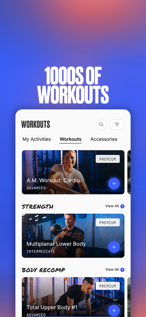 A mobile screen showing a large collection of premium workout plans categorized by strength and body recomp goals.