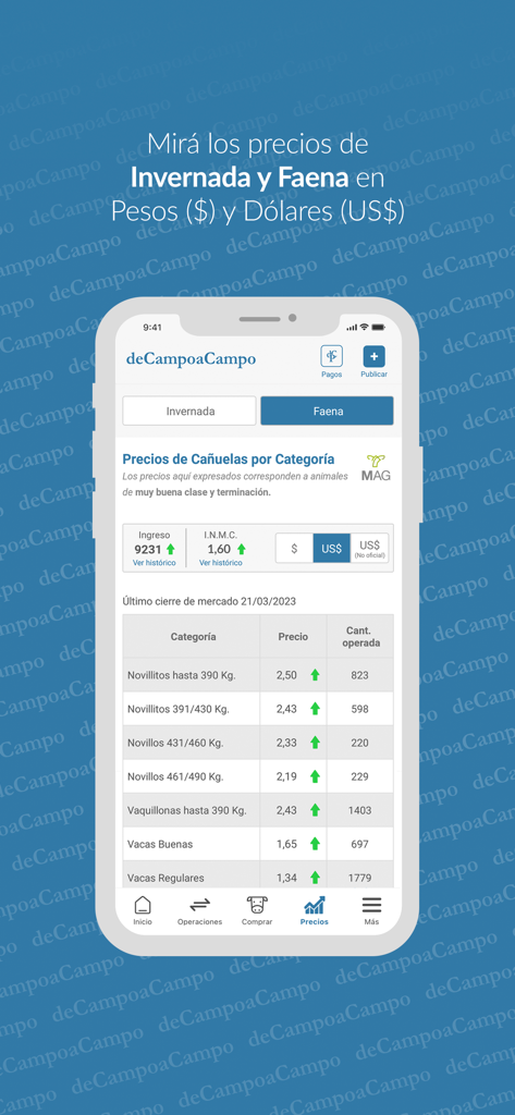 deCampoaCampo - Smartphone-Bildschirm, der Live-Vieh-Marktpreise und Viehkategorien in der deCampoaCampo-App anzeigt.