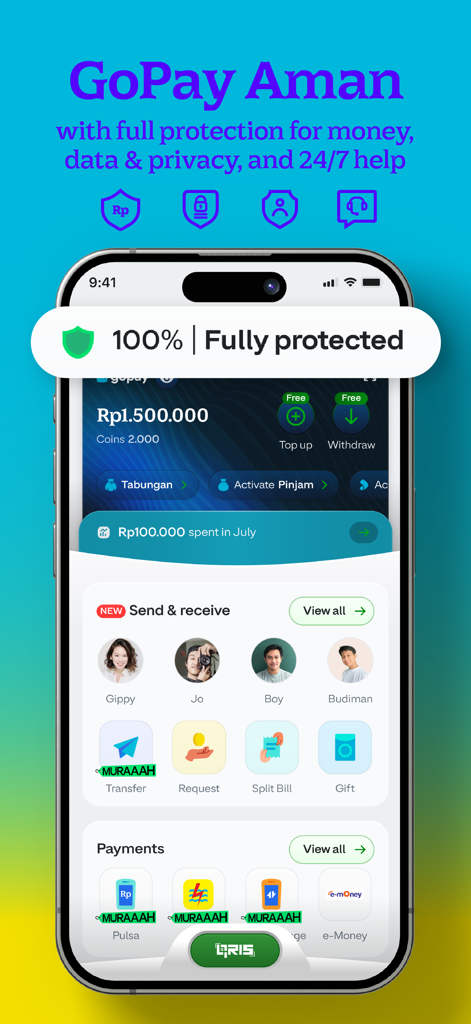 GoPay: Transfer, Payment, QRIS - Dashboard dell'app mobile GoPay che evidenzia la protezione di sicurezza e i servizi finanziari indonesiani come trasferimenti e bollette