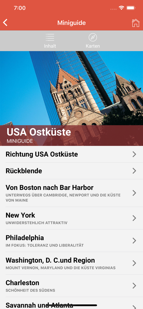 Oberfläche der Travelhouse-App, die einen Reiseführer für die US-Ostküste mit einer Liste von Städten wie New York und Philadelphia zeigt.
