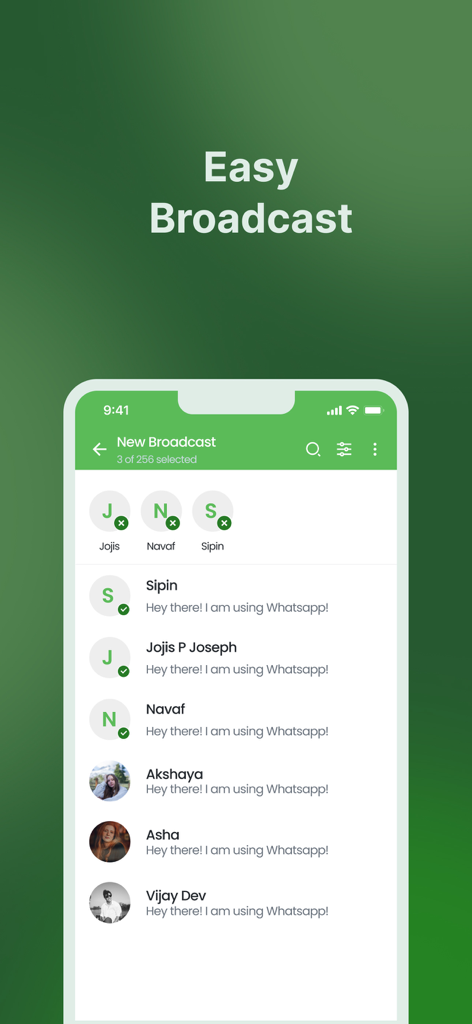 Urban Chat Bot - Interfaz de la aplicación móvil Urban Chat Bot para crear un nuevo mensaje de difusión de WhatsApp a múltiples contactos
